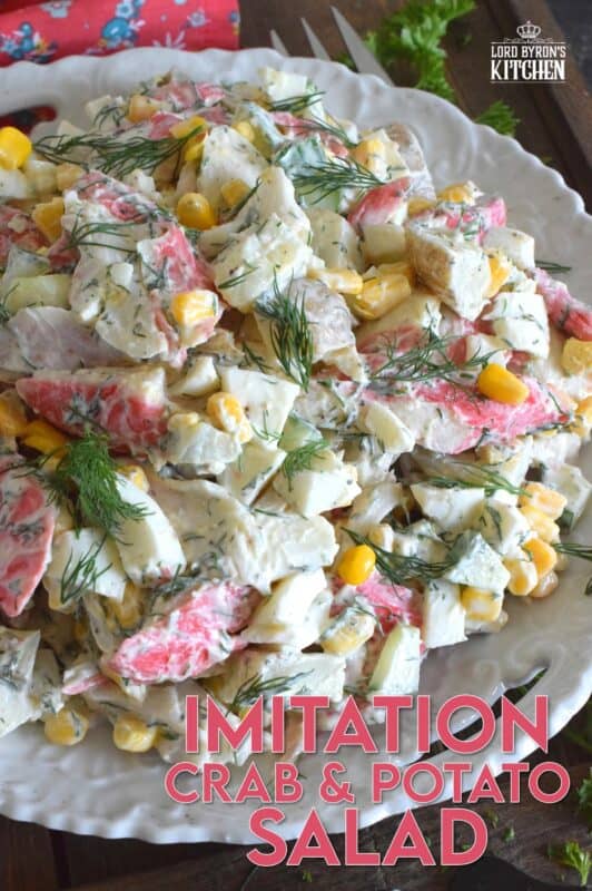 Chunky potatoes, flaky crab, crisp corn, crunchy cucumber, and chopped hard-boiled eggs make up this Imitation Crab and Potato Salad. A savoury, creamy, smooth dressing consisting of mayonnaise, fresh dill, champagne vinegar, and a few other ingredients brings the salad together in a cohesive, deliciously incredible dish! #crab #seafood #potatosalad #imitationcrab #summerside