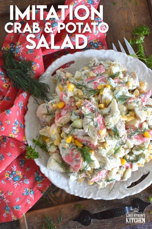 Chunky potatoes, flaky crab, crisp corn, crunchy cucumber, and chopped hard-boiled eggs make up this Imitation Crab and Potato Salad. A savoury, creamy, smooth dressing consisting of mayonnaise, fresh dill, champagne vinegar, and a few other ingredients brings the salad together in a cohesive, deliciously incredible dish! #crab #seafood #potatosalad #imitationcrab #summerside