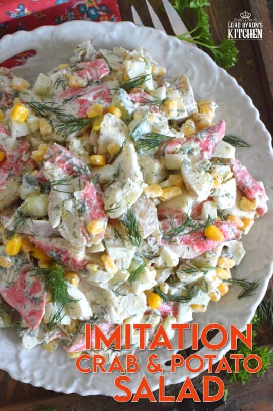 Chunky potatoes, flaky crab, crisp corn, crunchy cucumber, and chopped hard-boiled eggs make up this Imitation Crab and Potato Salad. A savoury, creamy, smooth dressing consisting of mayonnaise, fresh dill, champagne vinegar, and a few other ingredients brings the salad together in a cohesive, deliciously incredible dish! #crab #seafood #potatosalad #imitationcrab #summerside