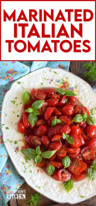Cherry tomatoes are halved and marinated in a sweet and savoury blend of olive oil, vinegar, honey, and Italian seasoning. Topped with fresh basil leaves, these Marinated Italian Tomatoes make a delicious side dish, salad, or a topping for grilled baguette. #tomatoes #summerfresh #locallygrown #sides #marinated #salad #italian