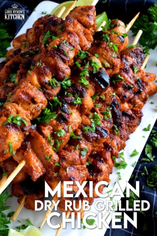 With just a little bit of prep, and by using mostly pantry ingredients, Mexican Dry Rub Grilled Chicken Skewers are seasoned perfectly and are quite delicious! Use boneless, skinless chicken thighs to make this main super quick and easy. Also, control the spice level and don't skip the spritz of fresh lime juice! #mexican #grilled #skewers #chicken #kebabs #summer #bbq