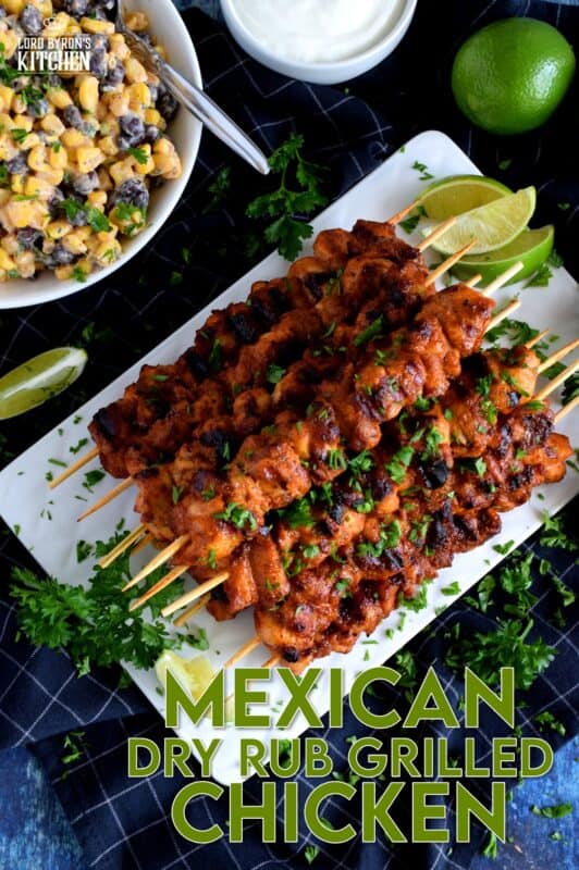 With just a little bit of prep, and by using mostly pantry ingredients, Mexican Dry Rub Grilled Chicken Skewers are seasoned perfectly and are quite delicious! Use boneless, skinless chicken thighs to make this main super quick and easy. Also, control the spice level and don't skip the spritz of fresh lime juice! #mexican #grilled #skewers #chicken #kebabs #summer #bbq