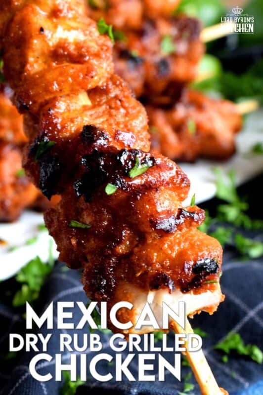 With just a little bit of prep, and by using mostly pantry ingredients, Mexican Dry Rub Grilled Chicken Skewers are seasoned perfectly and are quite delicious! Use boneless, skinless chicken thighs to make this main super quick and easy. Also, control the spice level and don't skip the spritz of fresh lime juice! #mexican #grilled #skewers #chicken #kebabs #summer #bbq