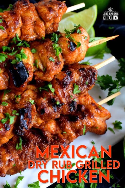 With just a little bit of prep, and by using mostly pantry ingredients, Mexican Dry Rub Grilled Chicken Skewers are seasoned perfectly and are quite delicious! Use boneless, skinless chicken thighs to make this main super quick and easy. Also, control the spice level and don't skip the spritz of fresh lime juice! #mexican #grilled #skewers #chicken #kebabs #summer #bbq