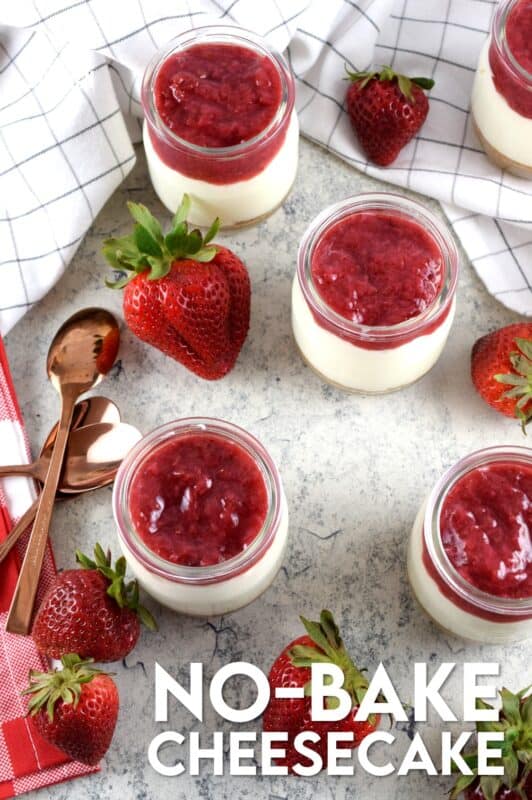 Mom's No-Bake Cheesecake is perfect for any occasion! Try making this dessert in the summertime when the last thing you want to do is turn on your oven! Once you have prepared the crumb base and the cream cheese filling, top it with your favourite store-bought or homemade jam! #cheesecake #nobake #foodinjars #masonjarrecipes #desserts #valentinerecipes