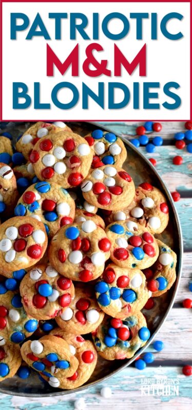 With combinations of red, white, and blue candy, we can celebrate both Canada Day and Independence Day with these Patriotic M&M Blondies! #patriotic #4thofjuly #july4th #independenceday #food #recipes #redwhite&blue #redwhiteandblue #blondies #brownies #cookies #M&Ms