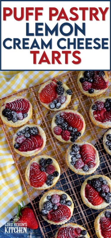 Transform store-bought, frozen sheets of puff pastry into these delightful little tarts filled with fresh berries and a lemony cream cheese filling! Use your favourite berries or fruit and then try to eat just one - it's nearly an impossible feat! #puffpastry #berries #4thofjuly #recipes #summer #creamcheese #tarts #tartlets #fruit