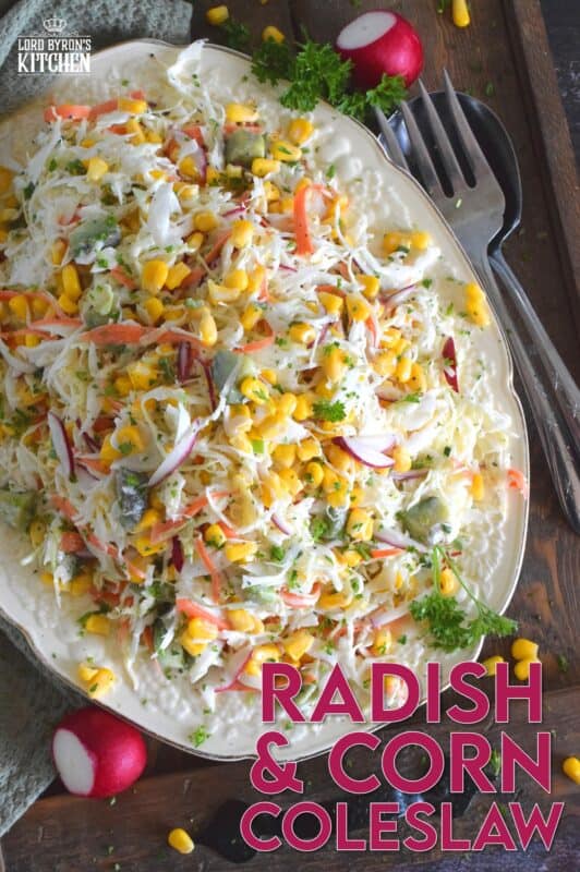 Peppery radish, crisp corn, creamy avocado, fresh green onions, sweet carrots, and crunchy cabbage all meet in the middle to create this most delicious Radish and Corn Coleslaw. With its creamy, zesty, and tart dressing, this coleslaw will most definitely please the toughest critic! #coleslaw #salad #sides #summer #summersides