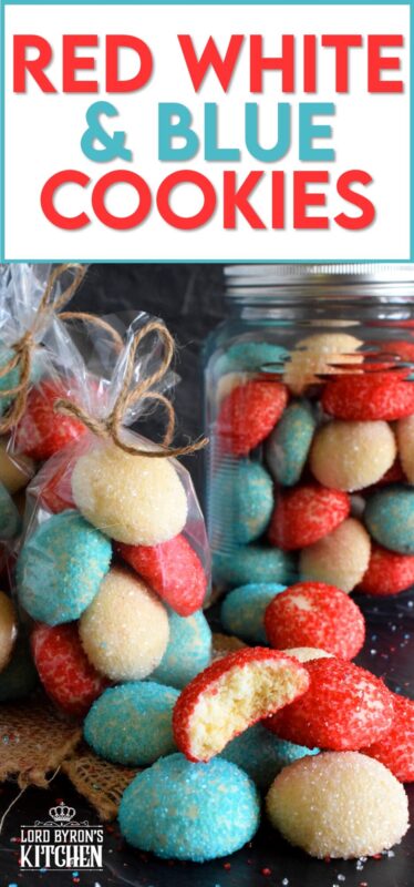 Just in time for your 4th of July celebration, these melt-in-your-mouth Red White and Blue Cookies are about to steal the spotlight with their sparkling beauty and their delicious taste! With just 5 ingredients, these cookies are not only easy to make, they're pretty to look at too! #redwhiteandblue #4thofjuly #independenceday #cookies #treats #sprinkles