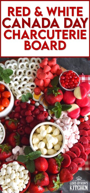 Gather together a bunch of red and white snack foods to assemble this super easy Canada Day Charcuterie Board! Your friends and family will love filling up on these festive snacks. Set the board down right into the middle of your patio table, and let everyone help themselves! All you need is a bunch of napkins and lots of ice cold drinks! Happy Canada Day! #canadaday #canada #charcuterie #redandwhite #festive #snacks