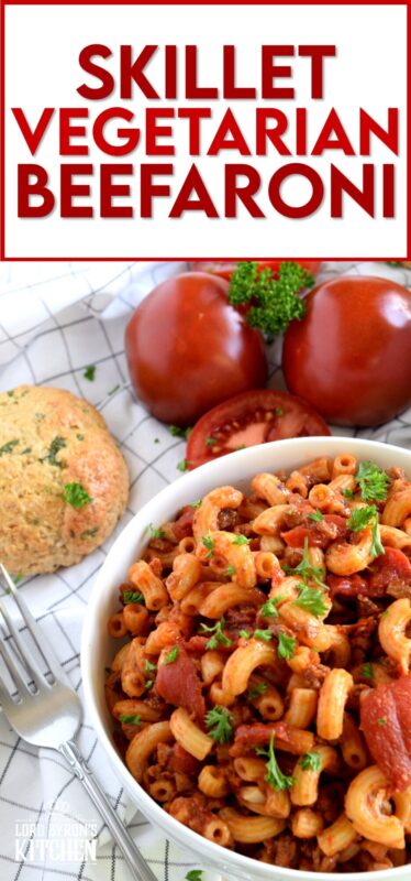 Kids of all ages, even grown ups, will love this home-cooked version of the classic Chef Boyardee Beefaroni. Perfectly cooked macaroni, smothered in a zesty sauce with chunky tomatoes and "beef" is the ideal comfort nostalgic dish. Even the most diehard meat lover won't be able to resist! #beefaroni #pasta #vegetarian #macaroni