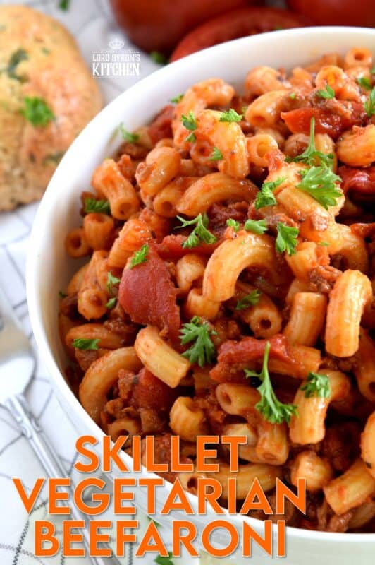 Kids of all ages, even grown ups, will love this home-cooked version of the classic Chef Boyardee Beefaroni. Perfectly cooked macaroni, smothered in a zesty sauce with chunky tomatoes and "beef" is the ideal comfort nostalgic dish. Even the most diehard meat lover won't be able to resist! #beefaroni #pasta #vegetarian #macaroni