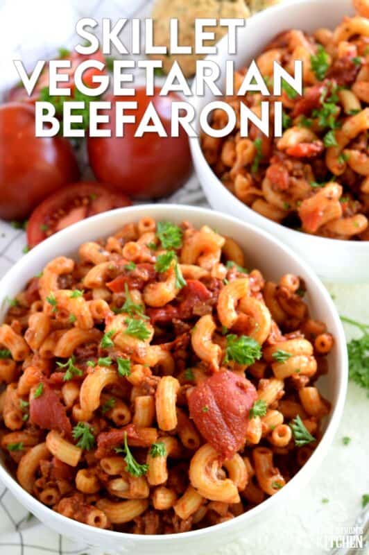 Kids of all ages, even grown ups, will love this home-cooked version of the classic Chef Boyardee Beefaroni. Perfectly cooked macaroni, smothered in a zesty sauce with chunky tomatoes and "beef" is the ideal comfort nostalgic dish. Even the most diehard meat lover won't be able to resist! #beefaroni #pasta #vegetarian #macaroni