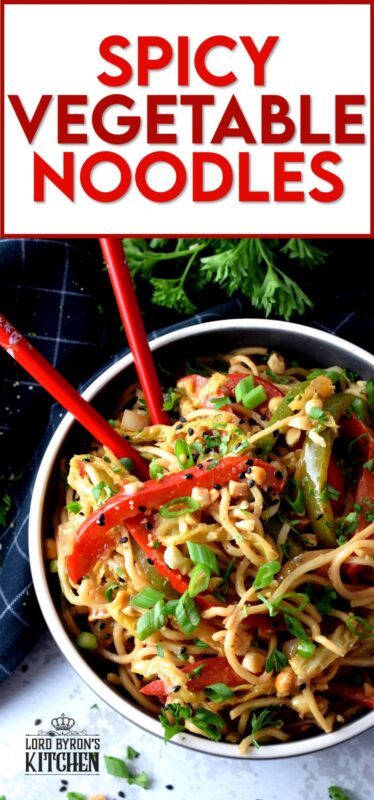Spicy Vegetable Noodles are one of our favourite make-it-at-home take out dishes. The recipe is easy to follow, the ingredients are inexpensive, and the flavours are adaptable to your personal tastes. These are the types of noodles that you just cannot stop eating! #noodles #asiancooking #chowmein #stirfry #vegetarian