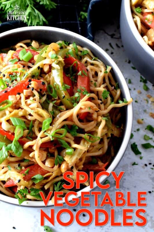Spicy Vegetable Noodles are one of our favourite make-it-at-home take out dishes. The recipe is easy to follow, the ingredients are inexpensive, and the flavours are adaptable to your personal tastes. These are the types of noodles that you just cannot stop eating! #noodles #asiancooking #chowmein #stirfry #vegetarian