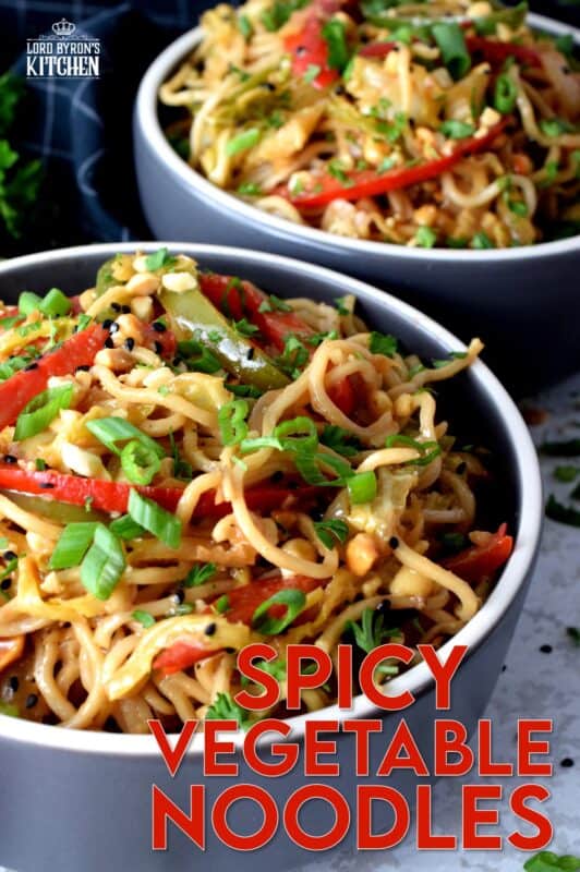 Spicy Vegetable Noodles are one of our favourite make-it-at-home take out dishes. The recipe is easy to follow, the ingredients are inexpensive, and the flavours are adaptable to your personal tastes. These are the types of noodles that you just cannot stop eating! #noodles #asiancooking #chowmein #stirfry #vegetarian