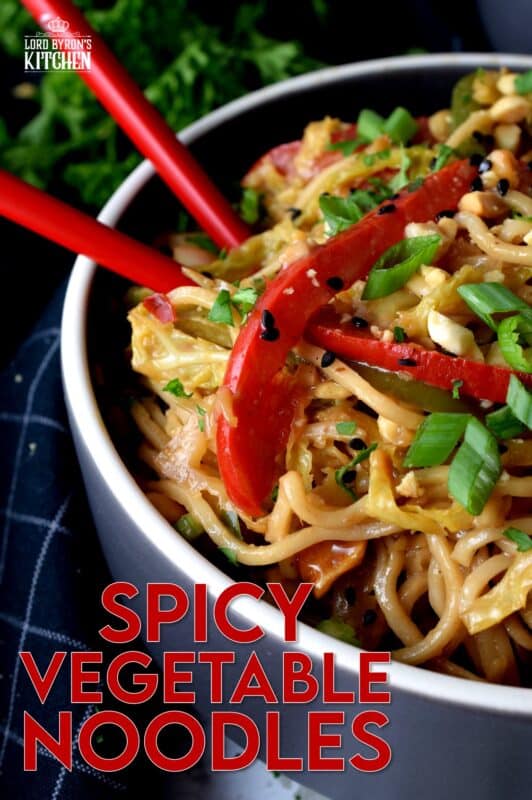 Spicy Vegetable Noodles are one of our favourite make-it-at-home take out dishes. The recipe is easy to follow, the ingredients are inexpensive, and the flavours are adaptable to your personal tastes. These are the types of noodles that you just cannot stop eating! #noodles #asiancooking #chowmein #stirfry #vegetarian