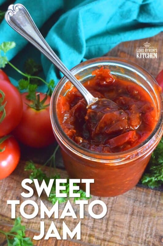 Sweet Tomato Jam is a thick, sticky jam prepared with summer fresh tomatoes, onions, and seasonings. Move over ketchup; there's a new condiment in town! #tomato #jam #sweet #homemade