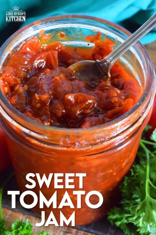 Sweet Tomato Jam is a thick, sticky jam prepared with summer fresh tomatoes, onions, and seasonings. Move over ketchup; there's a new condiment in town! #tomato #jam #sweet #homemade