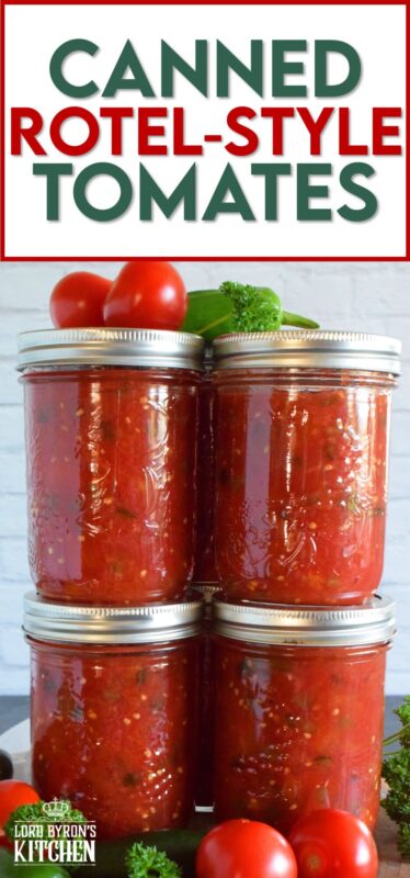 Fire roasted tomatoes and chilies are what make up the bulk of Canned Rotel Style Tomatoes. They can be either mild or spicy, depending on your personal preference. Add a jar of these tomatoes to pasta sauce, chili, casseroles, and even bean dip! The possibilities are endless and the flavour is tremendous! Make a batch with your locally grown, summer-fresh tomatoes and stock your pantry for the winter! #rotel #canned #tomatoes #preserved #preserving #canning