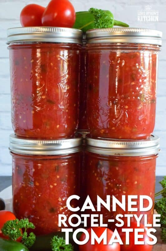 Fire roasted tomatoes and chilies are what make up the bulk of Canned Rotel Style Tomatoes. They can be either mild or spicy, depending on your personal preference. Add a jar of these tomatoes to pasta sauce, chili, casseroles, and even bean dip! The possibilities are endless and the flavour is tremendous! Make a batch with your locally grown, summer-fresh tomatoes and stock your pantry for the winter! #rotel #canned #tomatoes #preserved #preserving #canning