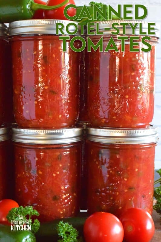 Fire roasted tomatoes and chilies are what make up the bulk of Canned Rotel Style Tomatoes. They can be either mild or spicy, depending on your personal preference. Add a jar of these tomatoes to pasta sauce, chili, casseroles, and even bean dip! The possibilities are endless and the flavour is tremendous! Make a batch with your locally grown, summer-fresh tomatoes and stock your pantry for the winter! #rotel #canned #tomatoes #preserved #preserving #canning