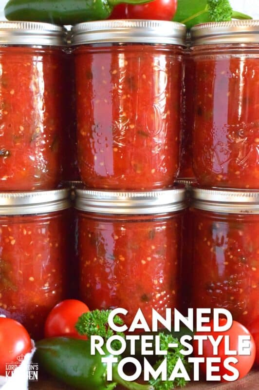 Fire roasted tomatoes and chilies are what make up the bulk of Canned Rotel Style Tomatoes. They can be either mild or spicy, depending on your personal preference. Add a jar of these tomatoes to pasta sauce, chili, casseroles, and even bean dip! The possibilities are endless and the flavour is tremendous! Make a batch with your locally grown, summer-fresh tomatoes and stock your pantry for the winter! #rotel #canned #tomatoes #preserved #preserving #canning