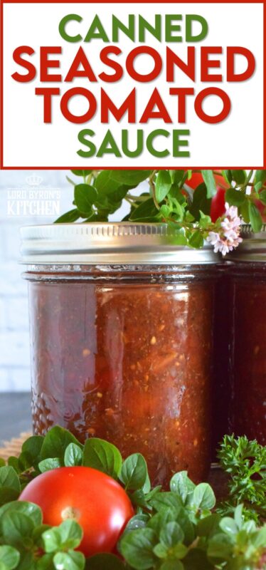 Canned Seasoned Tomato Sauce is prepared with summer fresh, locally grown tomatoes, and seasoned with classic tomato sauce ingredients like onion, garlic, basil, and oregano. Not only will you contain all of that fresh tomato flavour, but you'll cut dinner time prep in half! #tomatosauce #tomatoes #canning #preserves #seasonedsauce #tomato