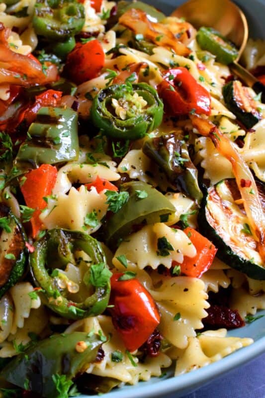 Perfectly charred bell peppers, onions, jalapenos, and zucchini make up this Grilled Vegetable Pasta Salad. Tossed with a simple, easy to make, light, oil-based homemade dressing, this is a perfect summer side! Serve warm or at room temperature! #grilled #vegetable #veggies #pasta #salad #summer #side #picnic #backyard