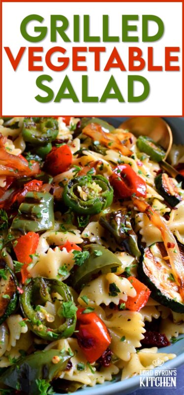 Perfectly charred bell peppers, onions, jalapenos, and zucchini make up this Grilled Vegetable Pasta Salad. Tossed with a simple, easy to make, light, oil-based homemade dressing, this is a perfect summer side! Serve warm or at room temperature! #grilled #vegetable #veggies #pasta #salad #summer #side #picnic #backyard