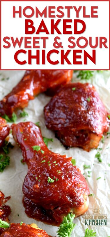Homestyle Baked Sweet and Sour Chicken is not only easy and inexpensive, it's also super moist, tender, and delicious. Drumsticks and thighs are drenched in a thick and glossy homemade sauce; this crowd-pleasing main will have them begging for you to make it over and over again! #sweet #sour #chicken #bakedchicken #familydinner #easymeals #sweetandsour
