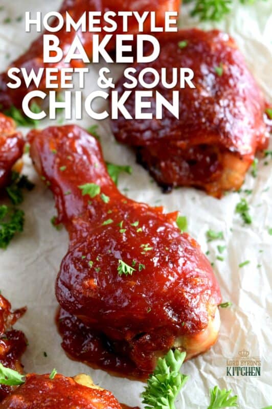 Homestyle Baked Sweet and Sour Chicken is not only easy and inexpensive, it's also super moist, tender, and delicious. Drumsticks and thighs are drenched in a thick and glossy homemade sauce; this crowd-pleasing main will have them begging for you to make it over and over again! #sweet #sour #chicken #bakedchicken #familydinner #easymeals #sweetandsour