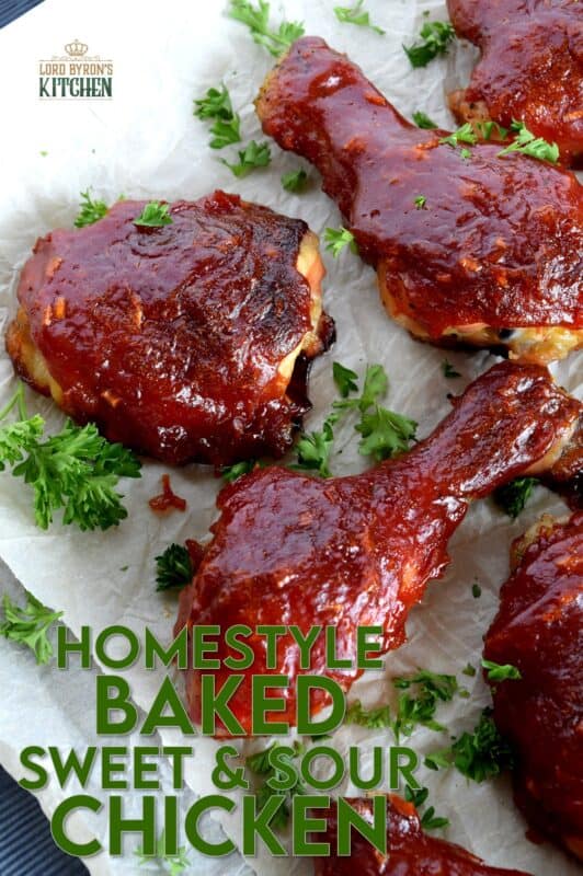 Homestyle Baked Sweet and Sour Chicken is not only easy and inexpensive, it's also super moist, tender, and delicious. Drumsticks and thighs are drenched in a thick and glossy homemade sauce; this crowd-pleasing main will have them begging for you to make it over and over again! #sweet #sour #chicken #bakedchicken #familydinner #easymeals #sweetandsour