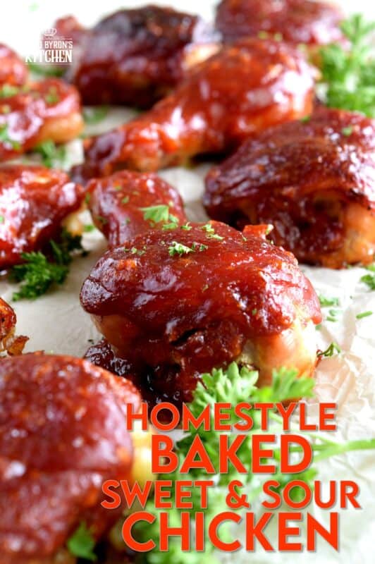 Homestyle Baked Sweet and Sour Chicken is not only easy and inexpensive, it's also super moist, tender, and delicious. Drumsticks and thighs are drenched in a thick and glossy homemade sauce; this crowd-pleasing main will have them begging for you to make it over and over again! #sweet #sour #chicken #bakedchicken #familydinner #easymeals #sweetandsour