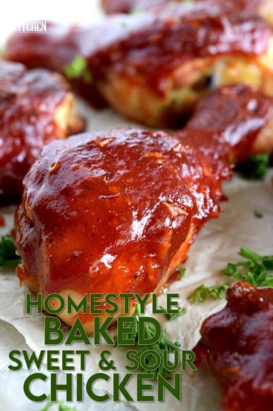 Homestyle Baked Sweet and Sour Chicken is not only easy and inexpensive, it's also super moist, tender, and delicious. Drumsticks and thighs are drenched in a thick and glossy homemade sauce; this crowd-pleasing main will have them begging for you to make it over and over again! #sweet #sour #chicken #bakedchicken #familydinner #easymeals #sweetandsour