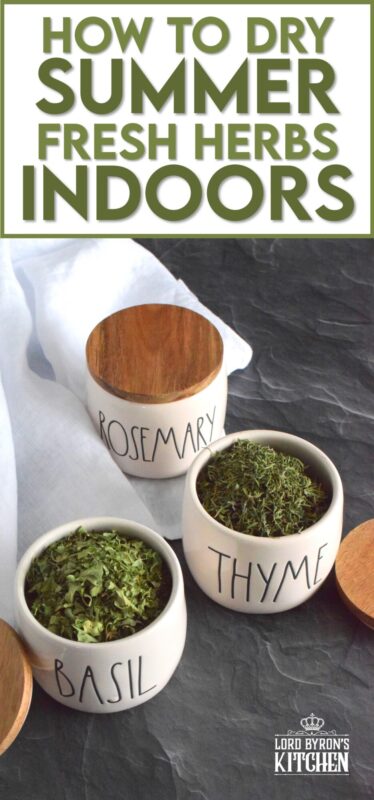 For the past few summers, I have grown a variety of fresh herbs in containers on our back deck. Just before the first frost, they are all harvested and dried indoors for use throughout the winter months. It takes minimal effort, but the reward is huge because the herbs taste better than any store-bought jars you can find! #herbs #drying #indoors #freshherbs #driedherbs