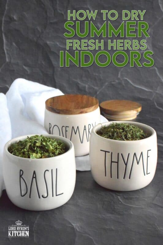 For the past few summers, I have grown a variety of fresh herbs in containers on our back deck. Just before the first frost, they are all harvested and dried indoors for use throughout the winter months. It takes minimal effort, but the reward is huge because the herbs taste better than any store-bought jars you can find! #herbs #drying #indoors #freshherbs #driedherbs
