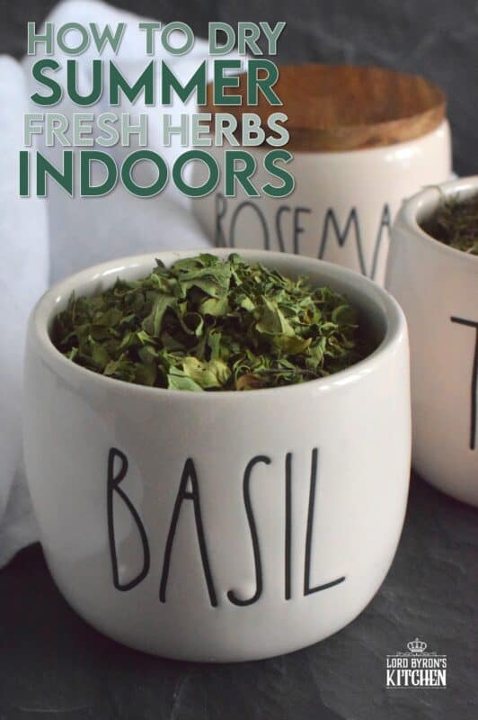 For the past few summers, I have grown a variety of fresh herbs in containers on our back deck. Just before the first frost, they are all harvested and dried indoors for use throughout the winter months. It takes minimal effort, but the reward is huge because the herbs taste better than any store-bought jars you can find! #herbs #drying #indoors #freshherbs #driedherbs