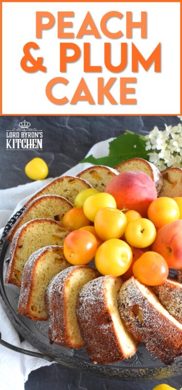 Peach and Plum Cake is an easy cake to prepare and it doesn't require any decorating skills at all! Allow the flavour of the fresh peaches and plums to be the highlight of the cake. You can dress it up with frostings or glaze, but it really isn't needed! Soft, moist, sweet, and tart, this cake is best served with a hot coffee on a lazy summer afternoon. #cake #bundt #peach #plum #stonefruit #summerfresh