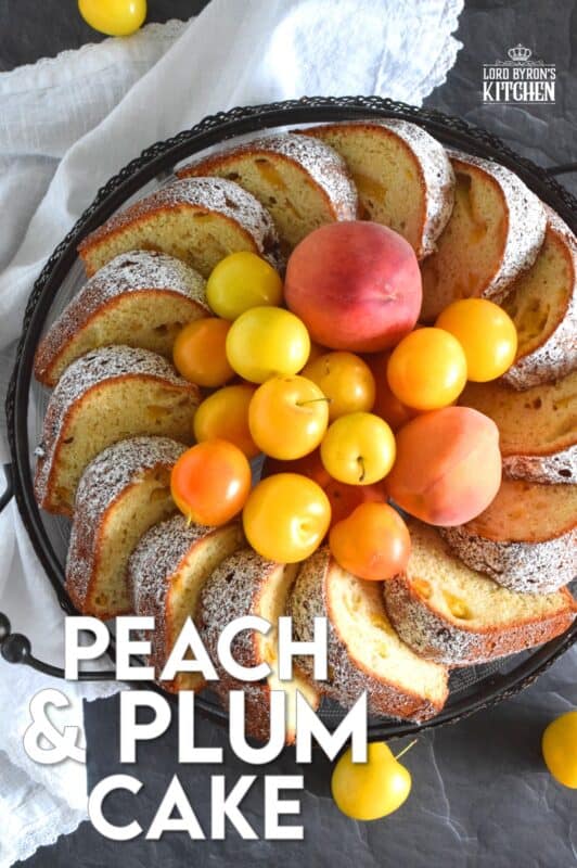 Peach and Plum Cake is an easy cake to prepare and it doesn't require any decorating skills at all! Allow the flavour of the fresh peaches and plums to be the highlight of the cake. You can dress it up with frostings or glaze, but it really isn't needed! Soft, moist, sweet, and tart, this cake is best served with a hot coffee on a lazy summer afternoon. #cake #bundt #peach #plum #stonefruit #summerfresh