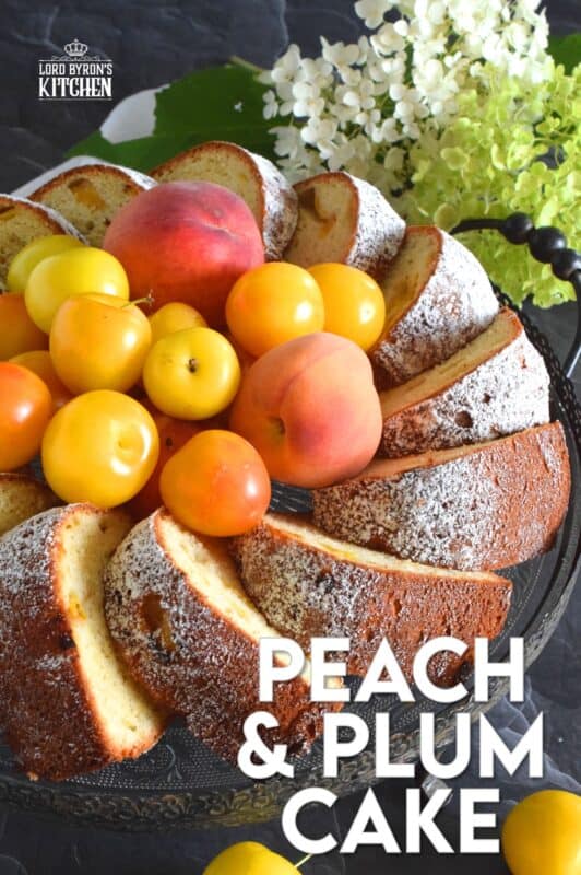 Peach and Plum Cake is an easy cake to prepare and it doesn't require any decorating skills at all! Allow the flavour of the fresh peaches and plums to be the highlight of the cake. You can dress it up with frostings or glaze, but it really isn't needed! Soft, moist, sweet, and tart, this cake is best served with a hot coffee on a lazy summer afternoon. #cake #bundt #peach #plum #stonefruit #summerfresh