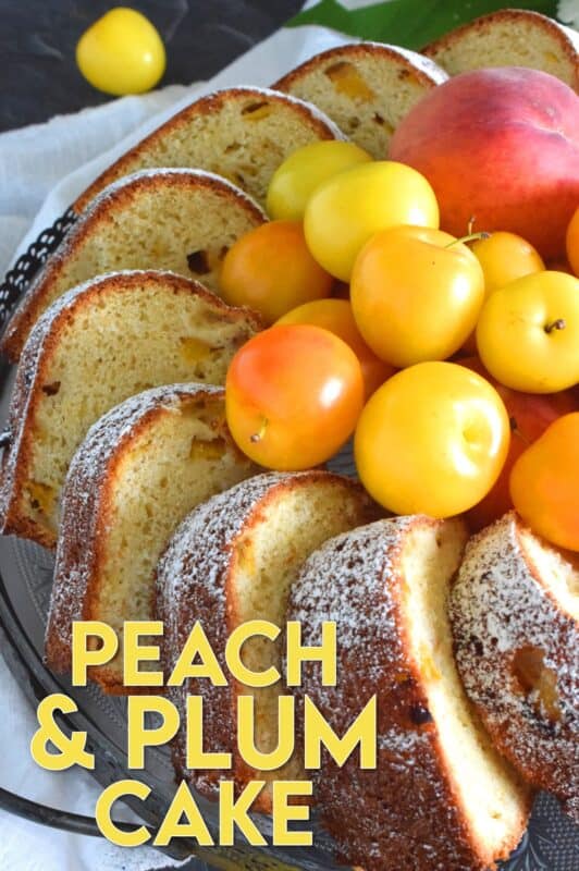 Peach and Plum Cake is an easy cake to prepare and it doesn't require any decorating skills at all! Allow the flavour of the fresh peaches and plums to be the highlight of the cake. You can dress it up with frostings or glaze, but it really isn't needed! Soft, moist, sweet, and tart, this cake is best served with a hot coffee on a lazy summer afternoon. #cake #bundt #peach #plum #stonefruit #summerfresh