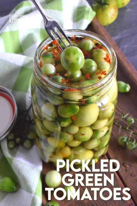 At the end of growing season, just before the first frost, harvest the last of those unripened cherry tomatoes and make a batch of Pickled Green Tomatoes! It's a shame to let them go to waste when you can make something so delicious in just a few minutes! #pickled #tomatoes #quickpickle #greentomatoes