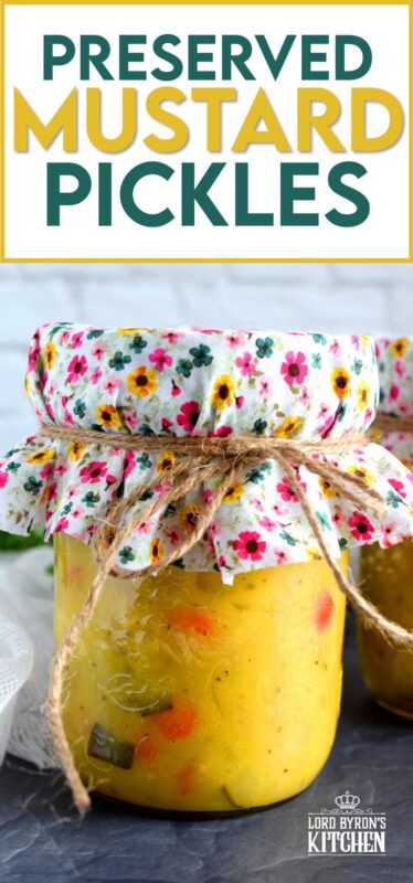 Preserved Mustard Pickles are a sweet and tart condiment or side dish made from cauliflower, zucchini, red bell pepper, onion, and carrot. A condiment so delicious, I often eat it as a side dish! #preserved #canning #mustard #pickles #newfoundland #newfie