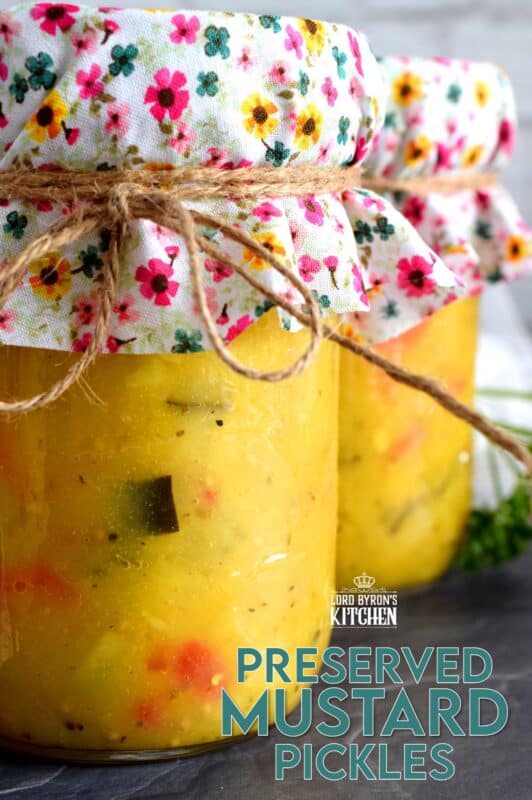 Preserved Mustard Pickles are a sweet and tart condiment or side dish made from cauliflower, zucchini, red bell pepper, onion, and carrot. A condiment so delicious, I often eat it as a side dish! #preserved #canning #mustard #pickles #newfoundland #newfie