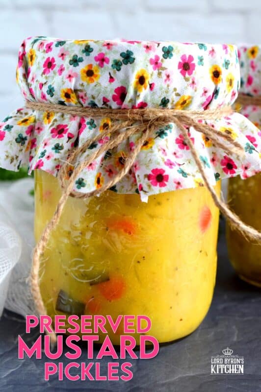 Preserved Mustard Pickles are a sweet and tart condiment or side dish made from cauliflower, zucchini, red bell pepper, onion, and carrot. A condiment so delicious, I often eat it as a side dish! #preserved #canning #mustard #pickles #newfoundland #newfie