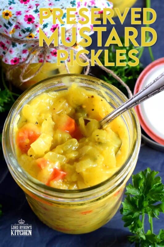 Preserved Mustard Pickles are a sweet and tart condiment or side dish made from cauliflower, zucchini, red bell pepper, onion, and carrot. A condiment so delicious, I often eat it as a side dish! #preserved #canning #mustard #pickles #newfoundland #newfie