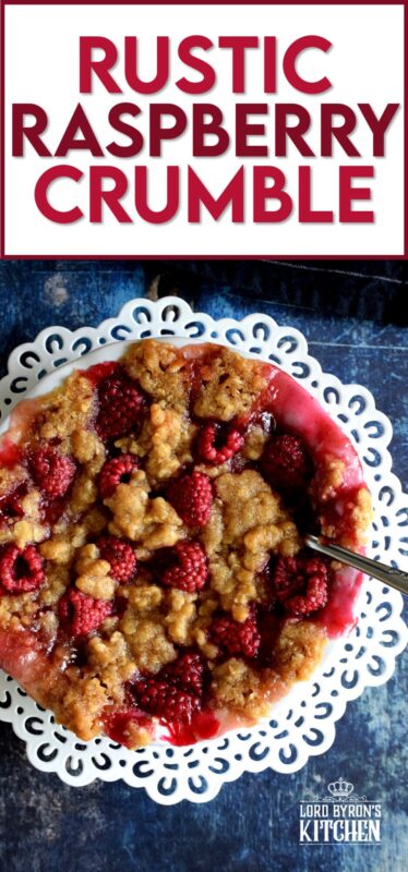 Made from simple ingredients, Rustic Raspberry Crumble is an impressive dessert with very little effort! For added pizzazz, prepare the mixture in individually portioned dessert ramekins; they're much more impressive that way! And, of course, no matter how delicious a crumble might be, it always needs a scoop of good vanilla ice cream! #crumble #rasberries #berries #summerfresh #easydesserts