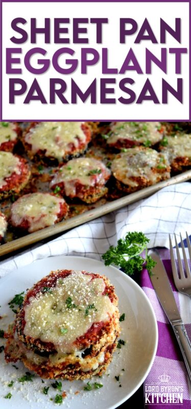 An update on an old Italian classic; this healthier version of Sheet Pan Eggplant Parmesan is bursting with flavour. No need to pan-fry the eggplant first in this version; it's coated in panko crumbs and baked to keep it crispier and lighter! #eggplant #parmesan #eggplantparmesan #italianrecipes #sheetpan #sheetpanrecipes #eggplant #parmesan #eggplantparmesan #italianrecipes #sheetpan #sheetpanrecipes