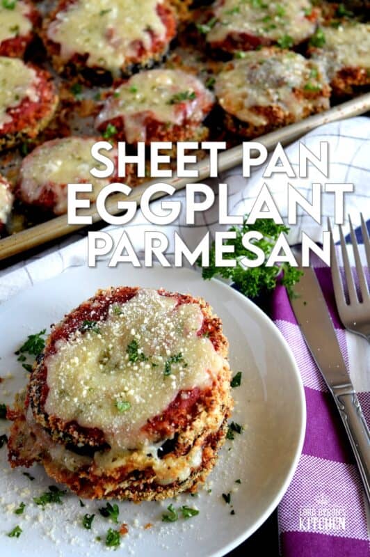 An update on an old Italian classic; this healthier version of Sheet Pan Eggplant Parmesan is bursting with flavour. No need to pan-fry the eggplant first in this version; it's coated in panko crumbs and baked to keep it crispier and lighter! #eggplant #parmesan #eggplantparmesan #italianrecipes #sheetpan #sheetpanrecipes #eggplant #parmesan #eggplantparmesan #italianrecipes #sheetpan #sheetpanrecipes